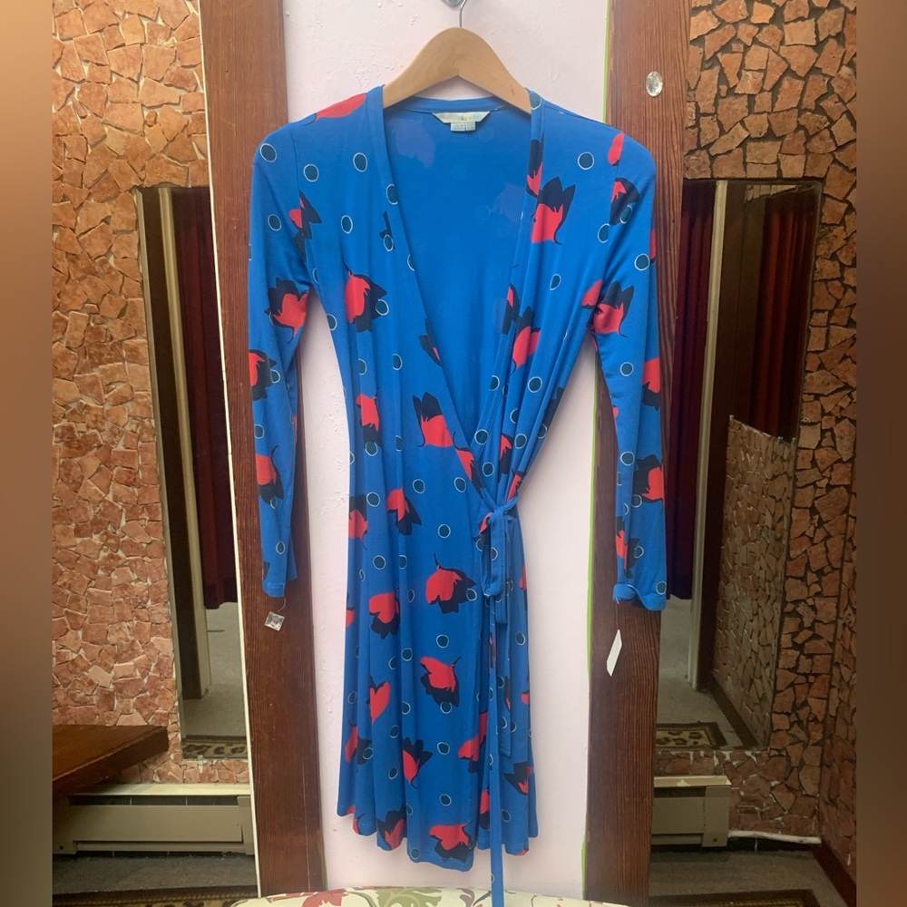 Boden Blue Long Sleeve Dress with Red Floral Pattern